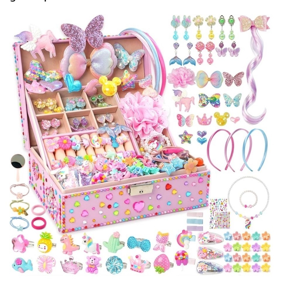 Unicorn Jewelry Box ..90 pcs Ring, Earrings, Necklace Set, Headband Making New